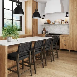 Faux Leather Woven Counter Height Bar Stool Black