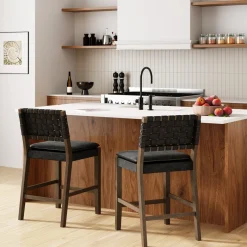 Faux Leather Woven Counter Height Bar Stool Black