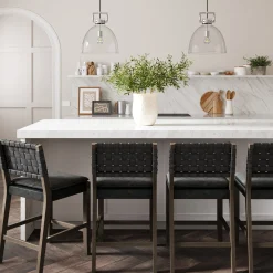 Faux Leather Woven Counter Height Bar Stool Black
