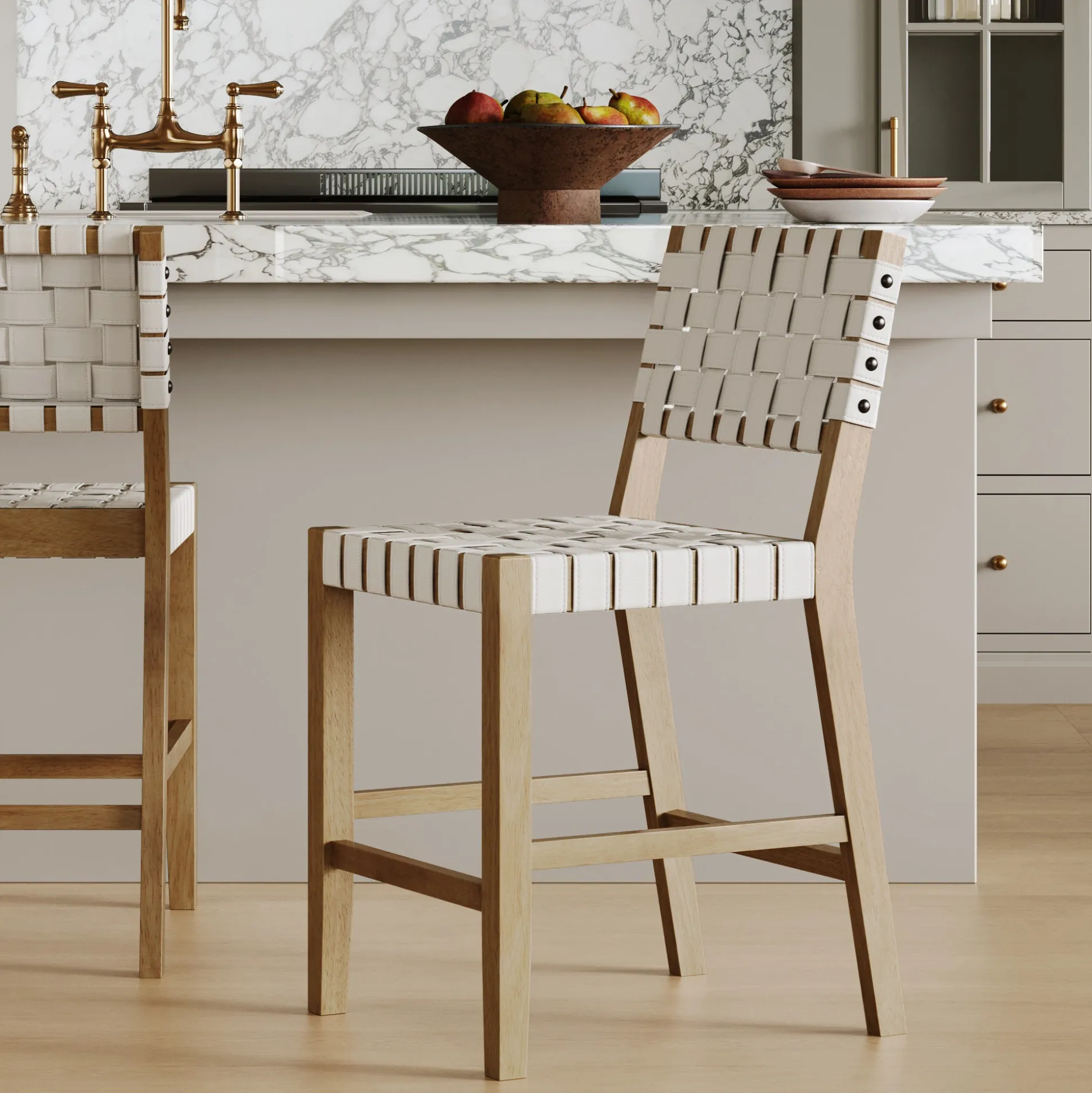 Faux Leather Woven Counter Height Bar Stool Off White