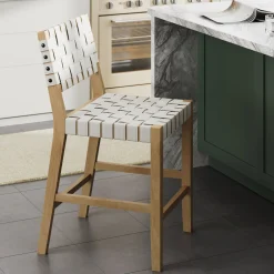 Faux Leather Woven Counter Height Bar Stool Off White