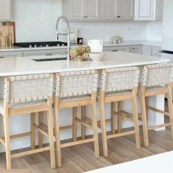 Faux Leather Woven Counter Height Bar Stool Off White