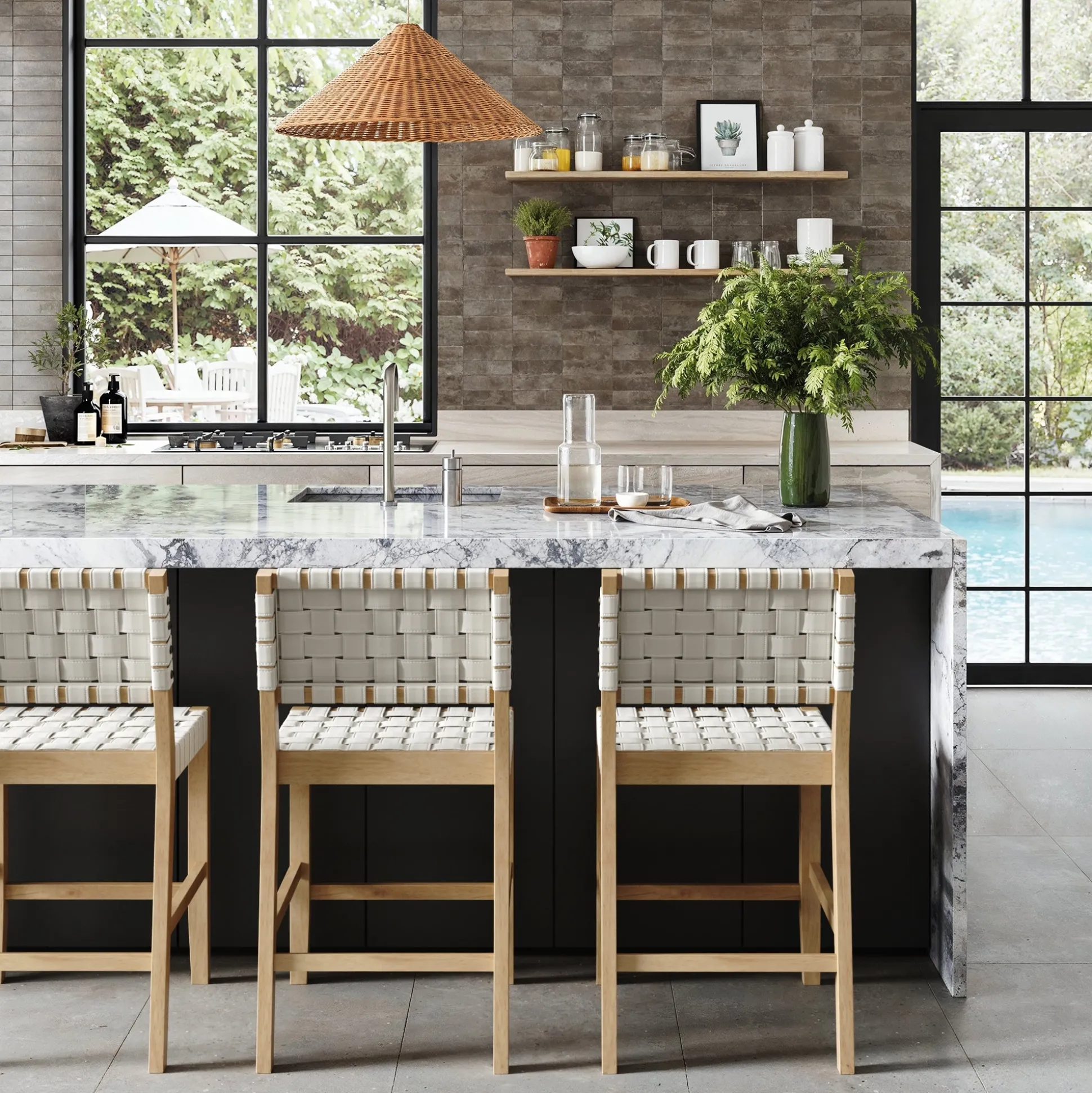 Faux Leather Woven Counter Height Bar Stool Off White