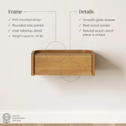Floating 1-Drawer Rounded Nightstand Light Brown