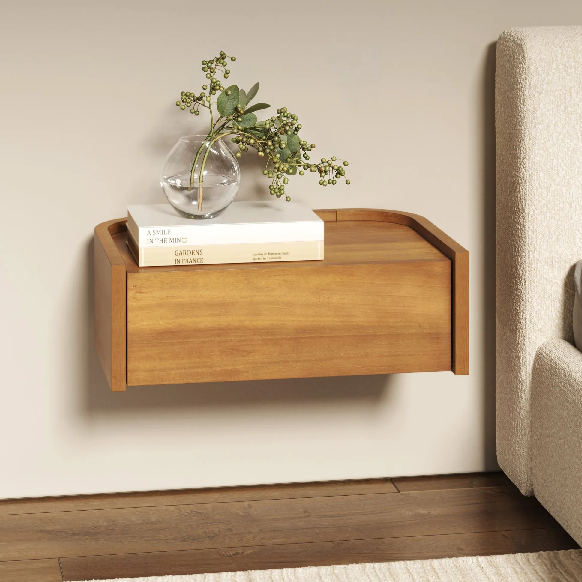 Floating 1-Drawer Rounded Nightstand Light Brown