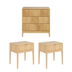 Fluted Dresser and 2 Nightstands Set Warm Pine