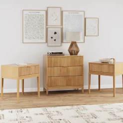Fluted Dresser and 2 Nightstands Set Warm Pine