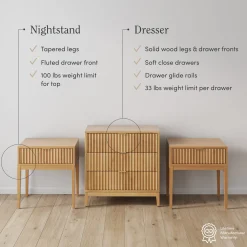 Fluted Dresser and 2 Nightstands Set Warm Pine