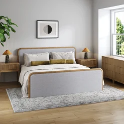 Fluted King Bed Frame with 2 Solid Wood Dressers and 2 Nightstands Set Gray/Light Brown
