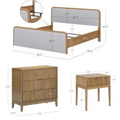 Fluted King Bed Frame with 2 Solid Wood Dressers and 2 Nightstands Set Gray/Light Brown