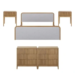 Fluted King Bed Frame with 2 Solid Wood Dressers and 2 Nightstands Set Gray/Light Brown
