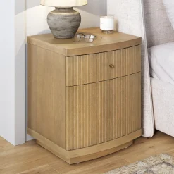 Fluted Nightstand with Drawer and Cabinet Storage Light Brown