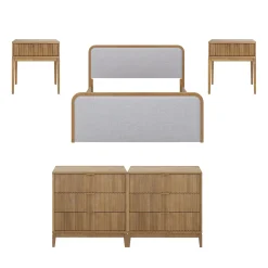 Fluted Queen Bed Frame with 2 Solid Wood Dressers and 2 Nightstands Set Gray/Light Brown