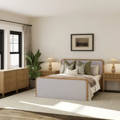 Fluted Queen Bed Frame with 2 Solid Wood Dressers and 2 Nightstands Set Gray/Light Brown