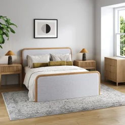 Fluted Queen Bed Frame with 1 Solid Wood Dresser and 2 Nightstands Set Gray/Light Brown