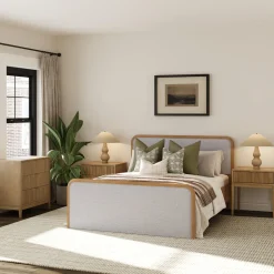 Fluted Queen Bed Frame with 1 Solid Wood Dresser and 2 Nightstands Set Gray/Light Brown