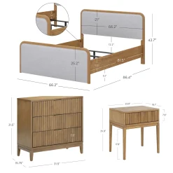 Fluted Queen Bed Frame with 1 Solid Wood Dresser and 2 Nightstands Set Gray/Light Brown
