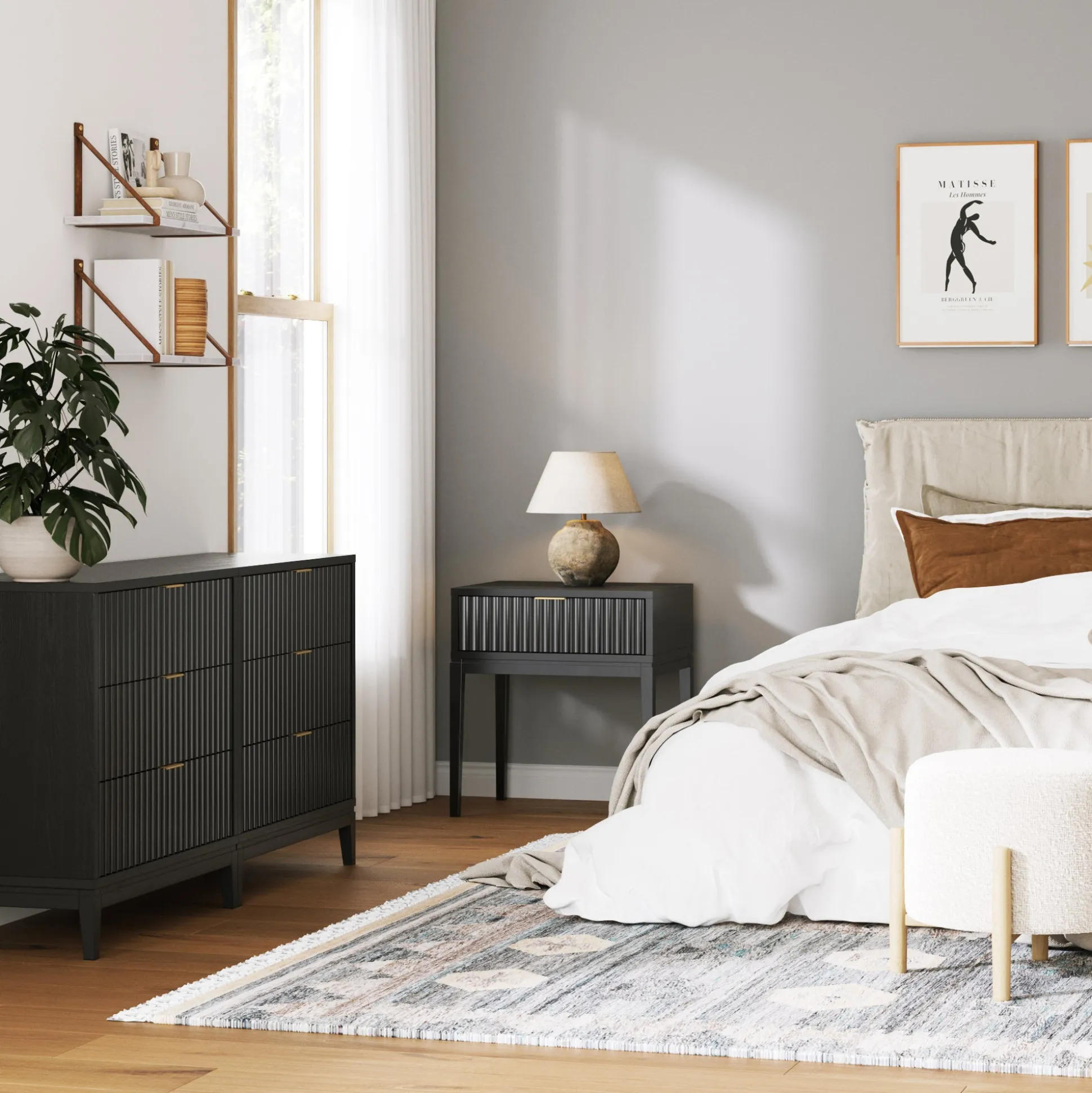 Fluted Wood Bedroom Set Black Oak