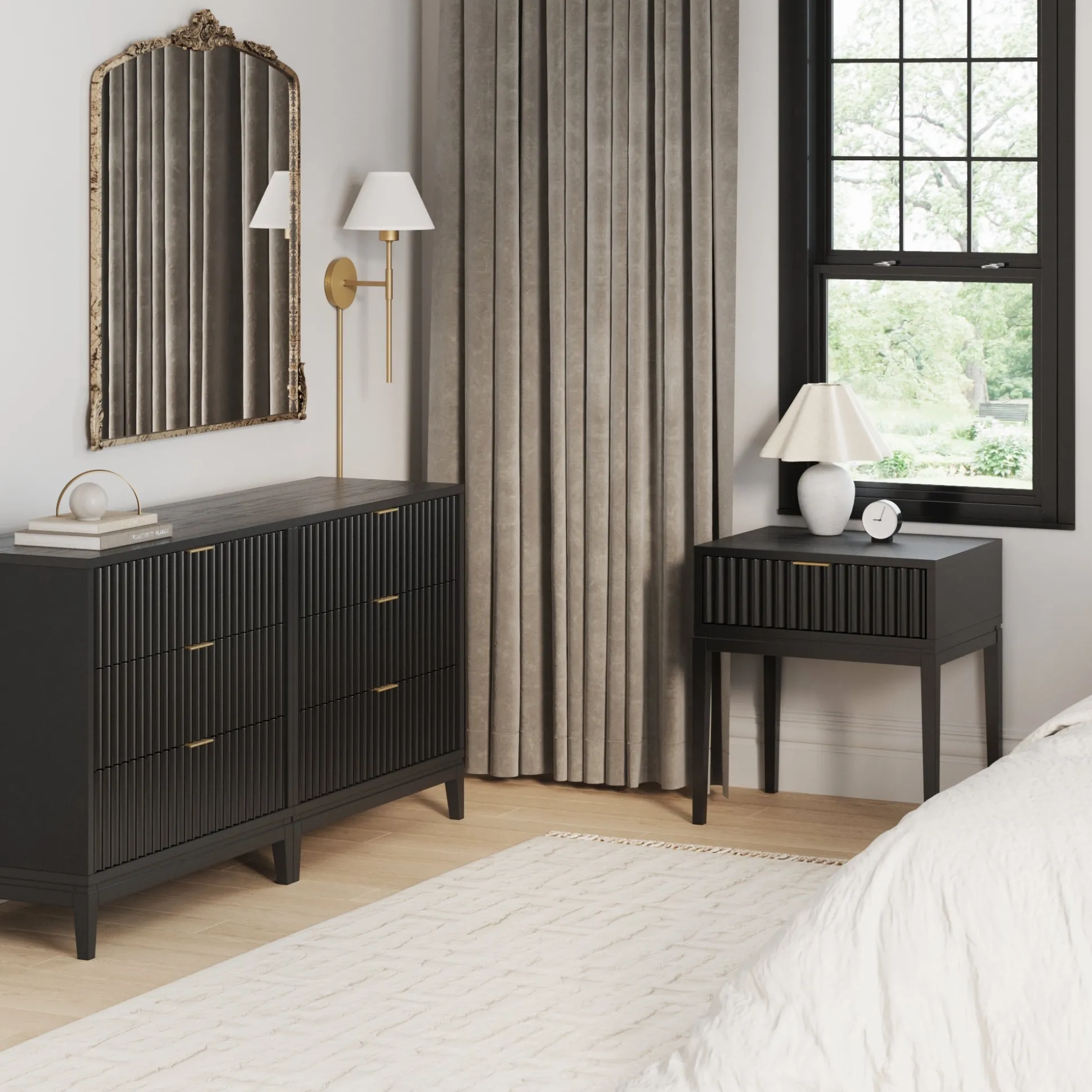 Fluted Wood Bedroom Set Black Oak