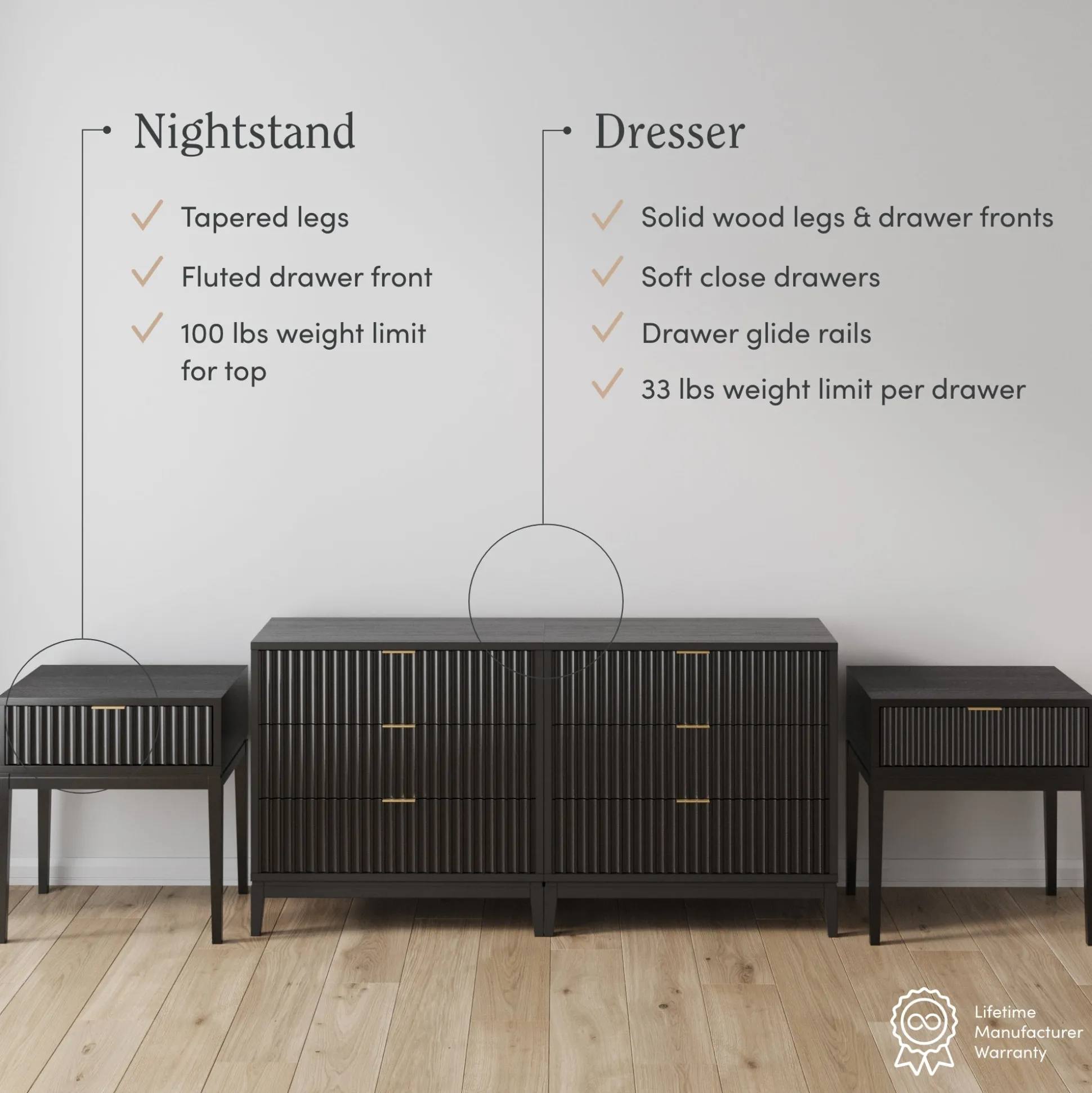 Fluted Wood Bedroom Set Black Oak