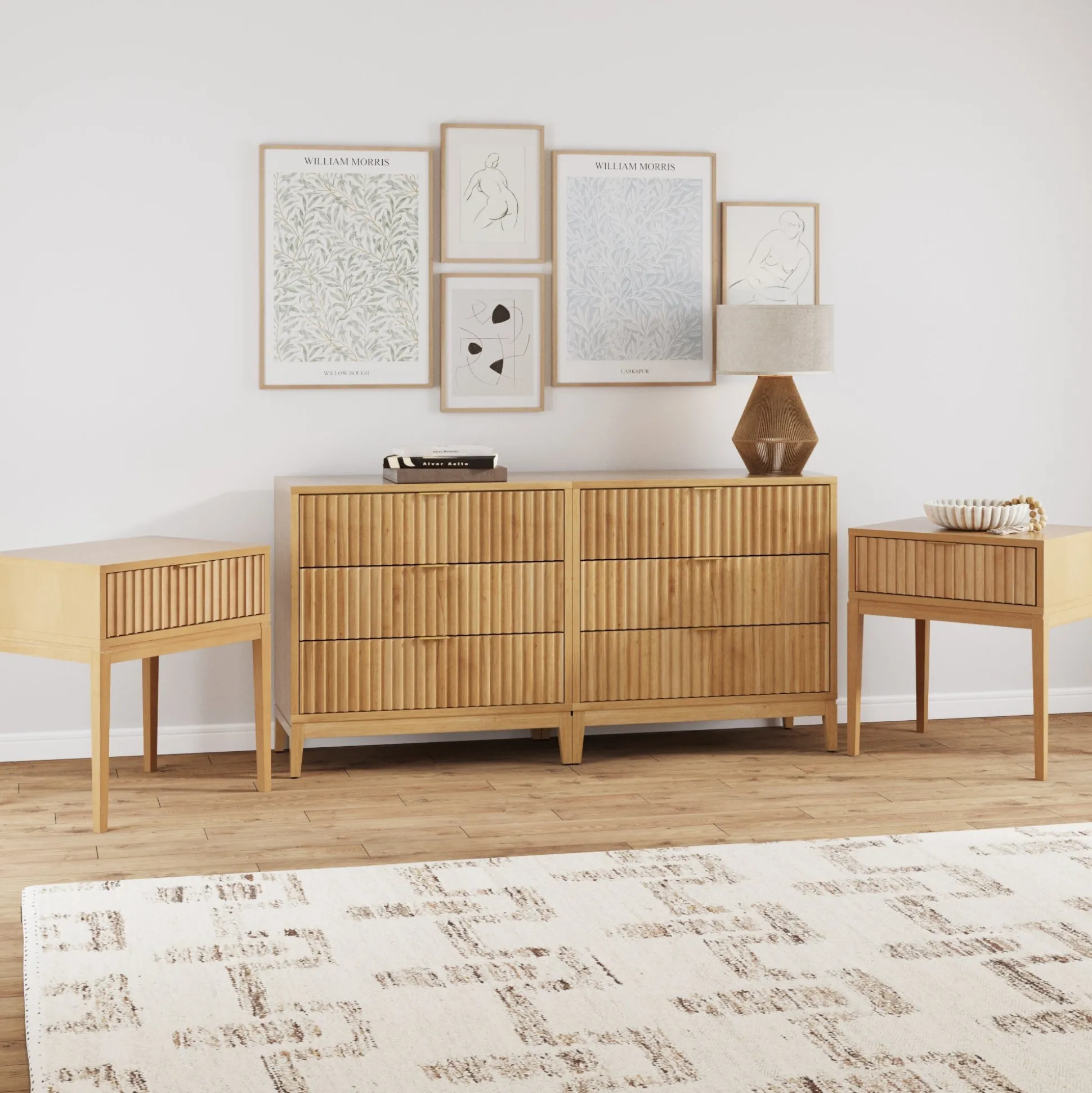 Fluted Wood Bedroom Set Warm Pine