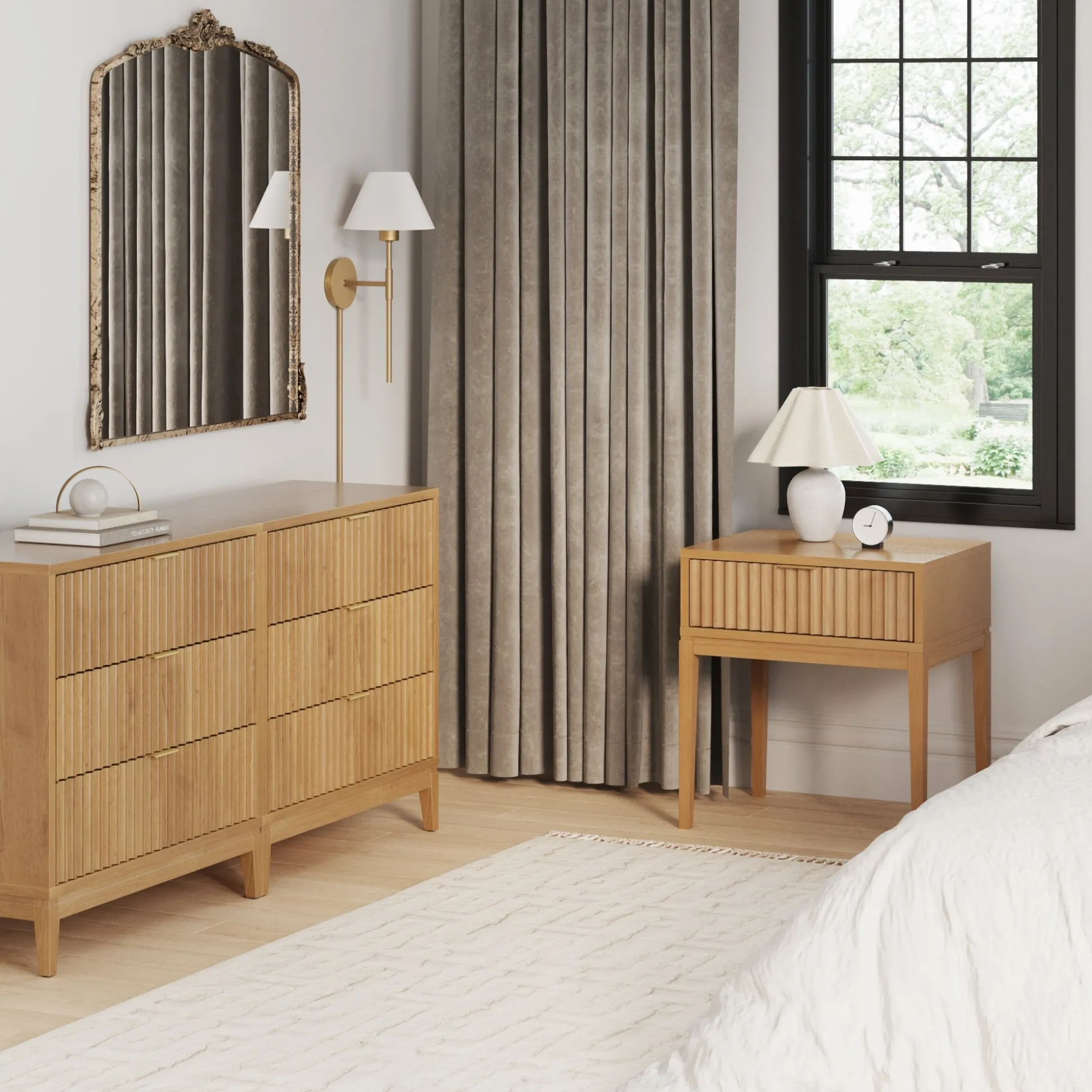 Fluted Wood Bedroom Set Warm Pine