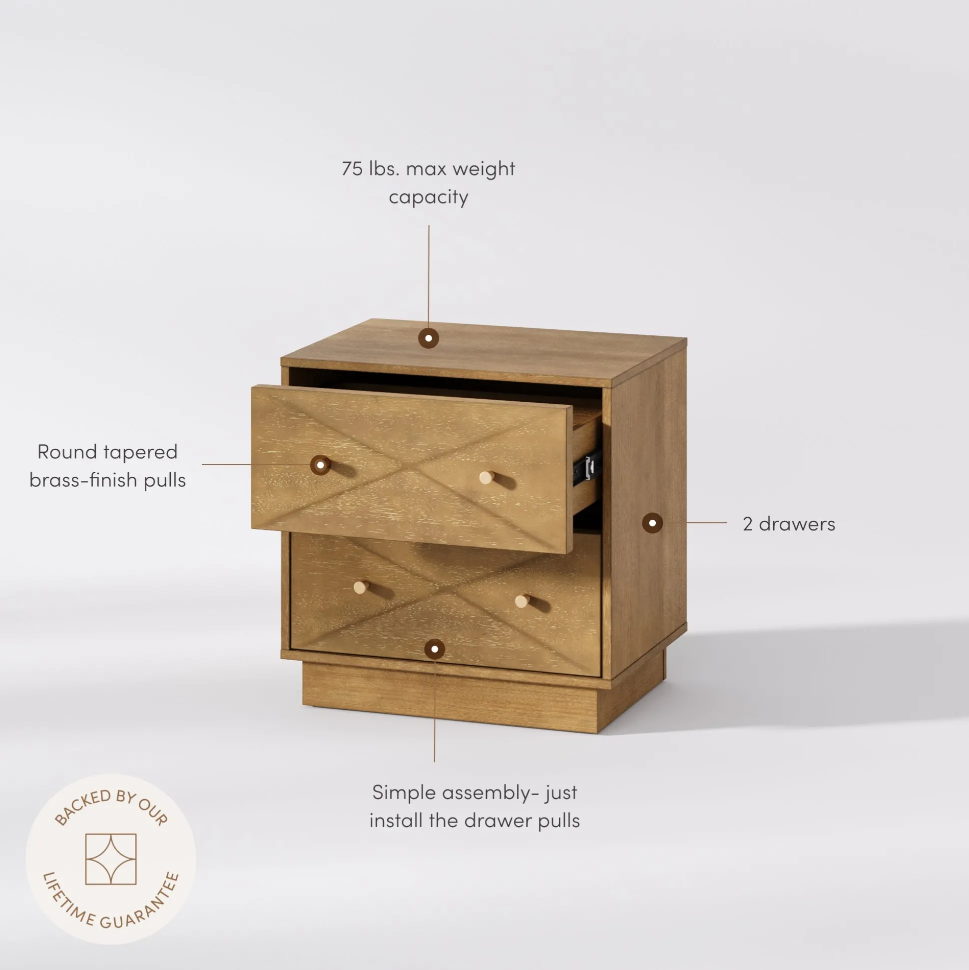 Geometric Wood Modern Nightstand with 2 Drawers Light Brown