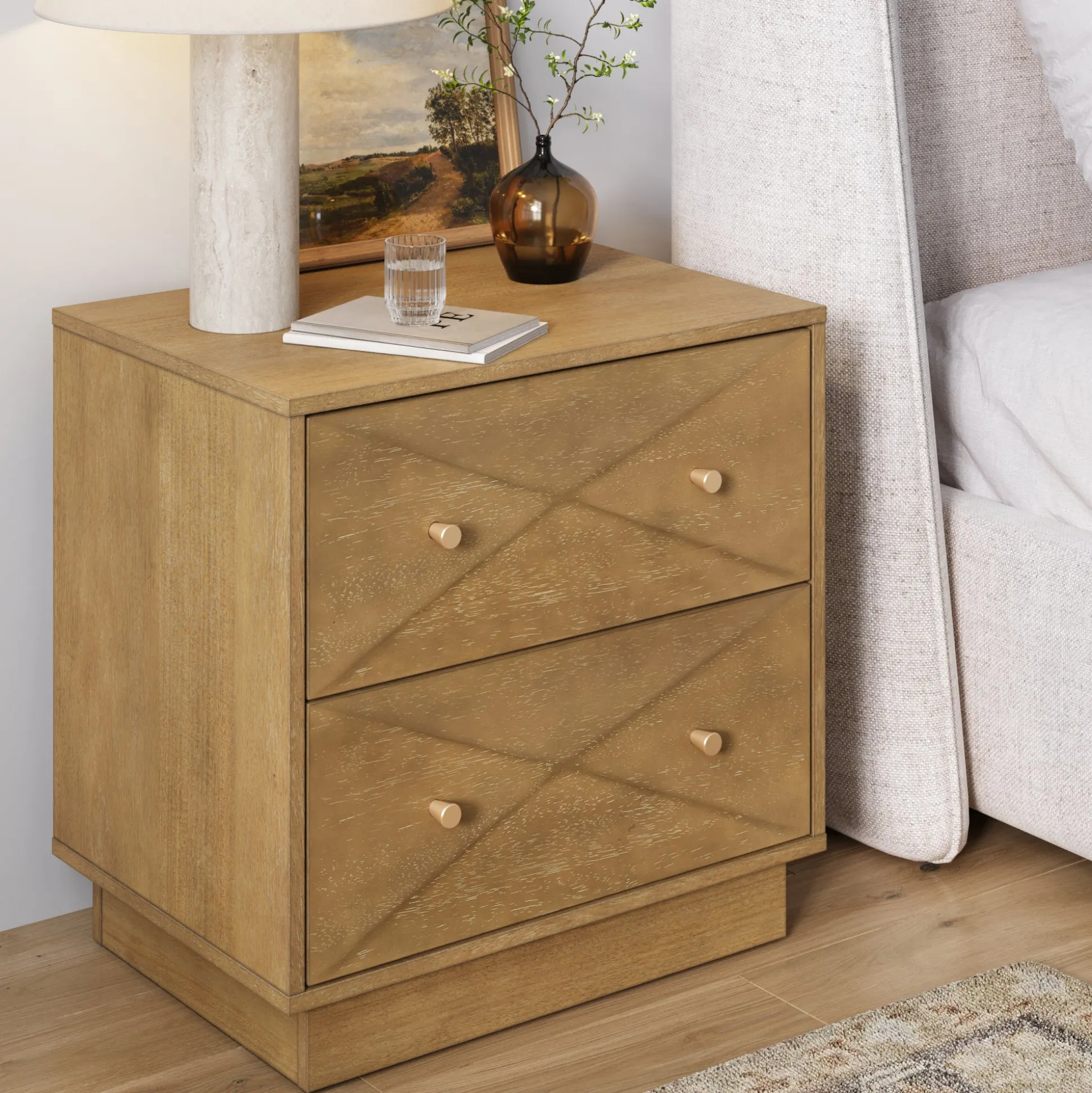 Geometric Wood Modern Nightstand with 2 Drawers Light Brown
