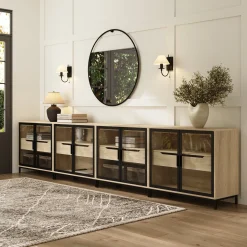Glass Cabinet Credenza with Drawer Light Oak (Set of 4)