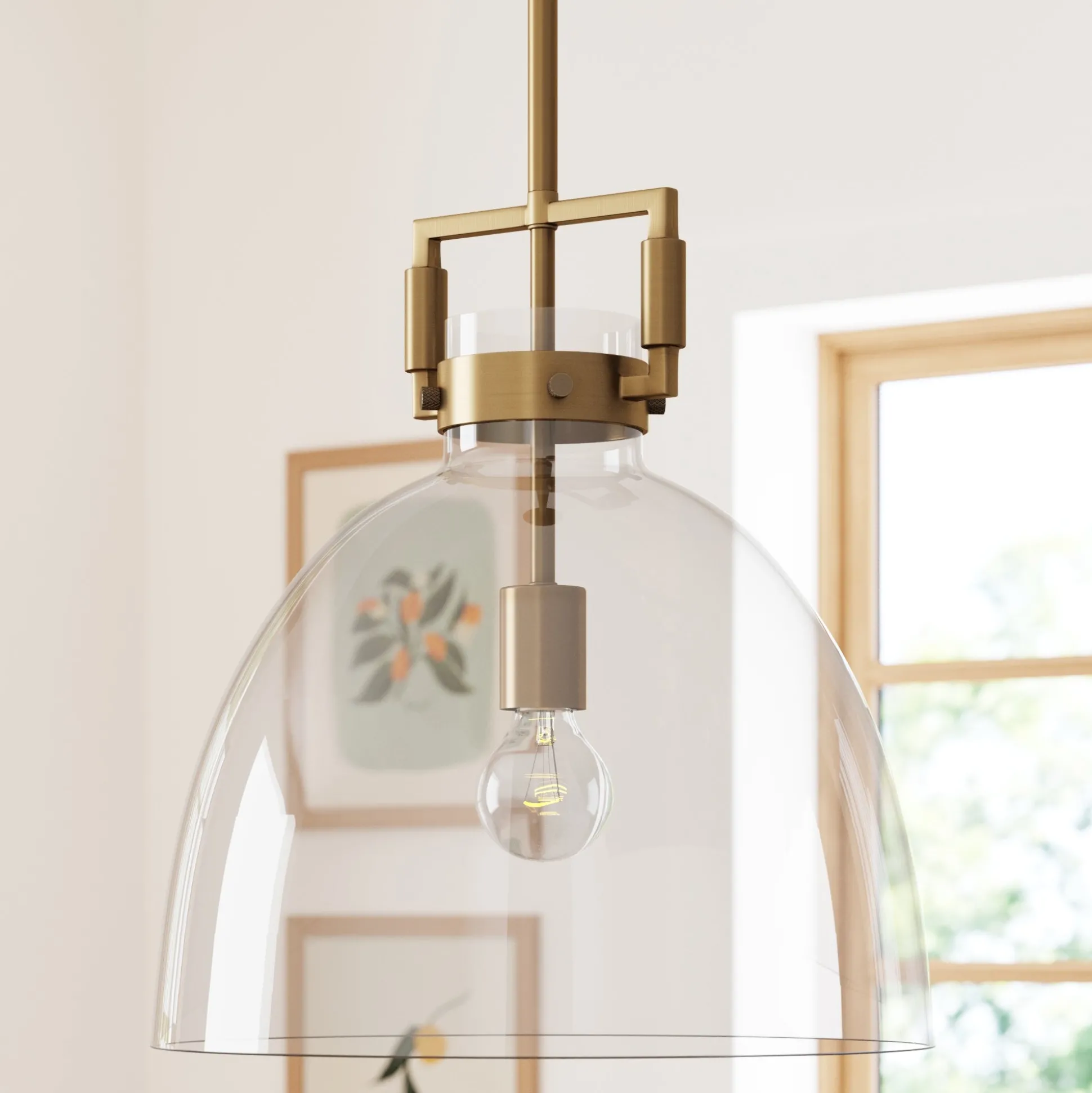 Glass Dome Shade Ceiling Pendant Light Brass
