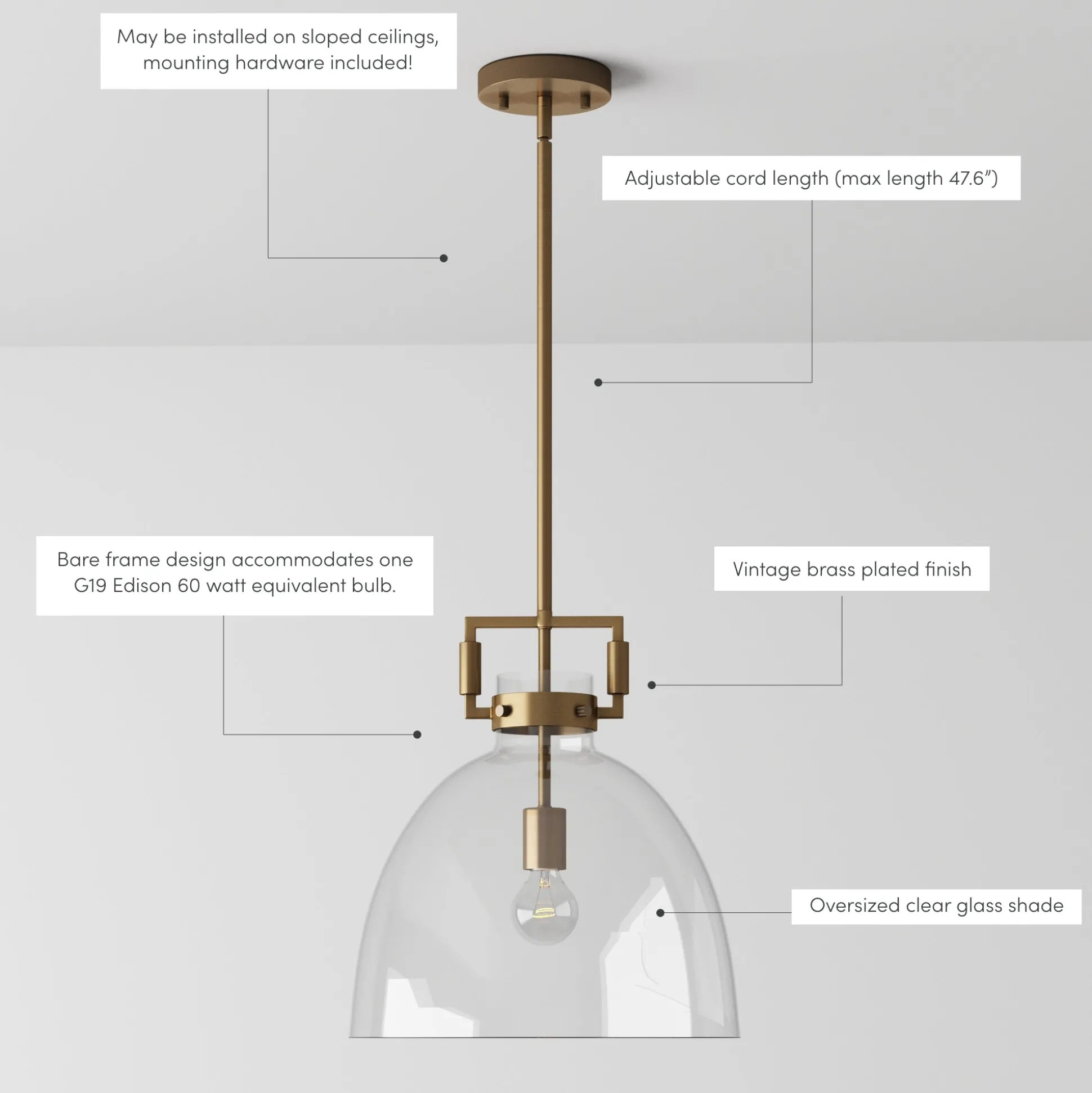 Glass Dome Shade Ceiling Pendant Light Brass