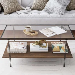 Glass Top Modern Coffee Table Walnut