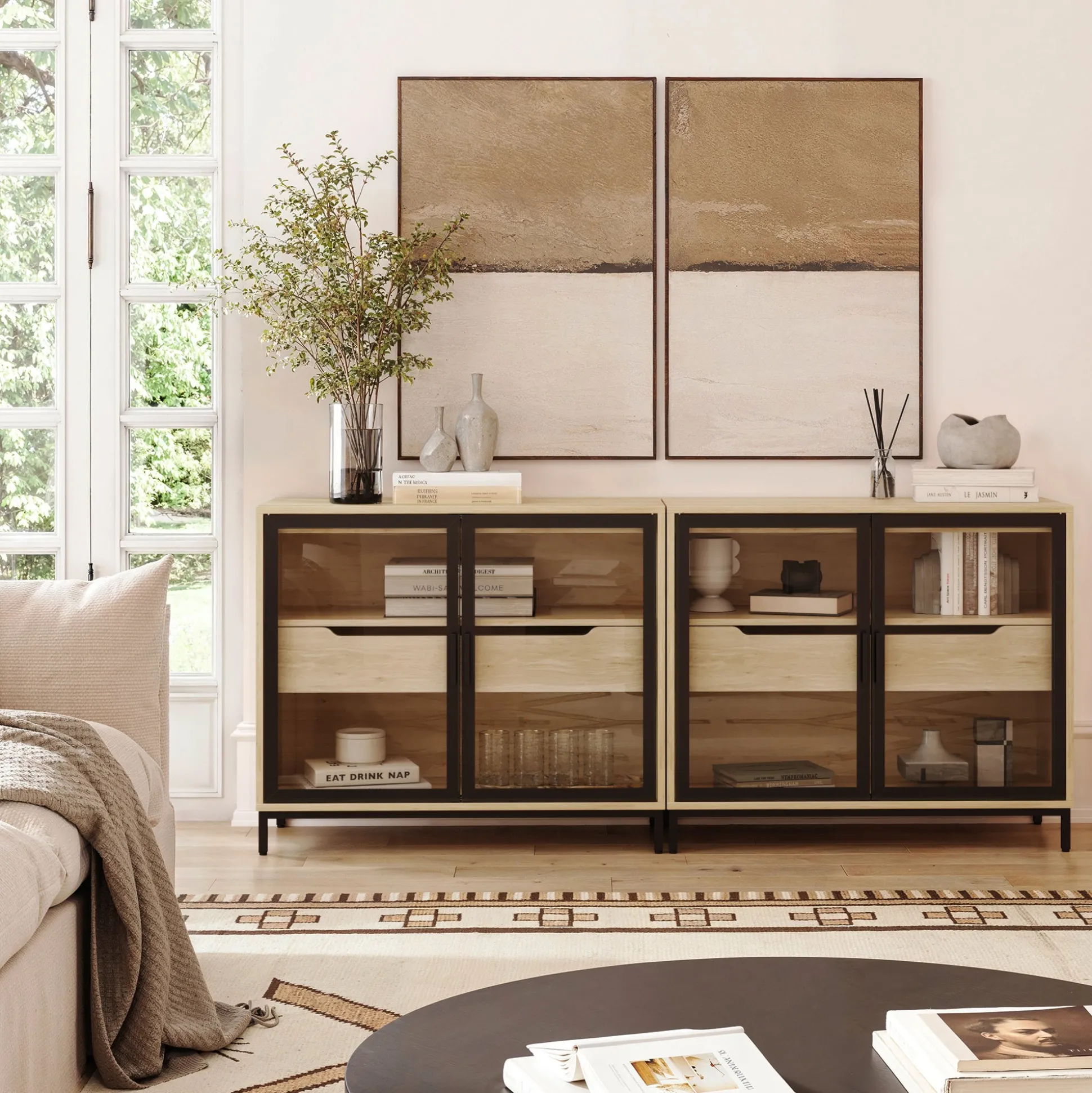 Glass TV Stand Console Cabinet with Doors for TVs up to 65"