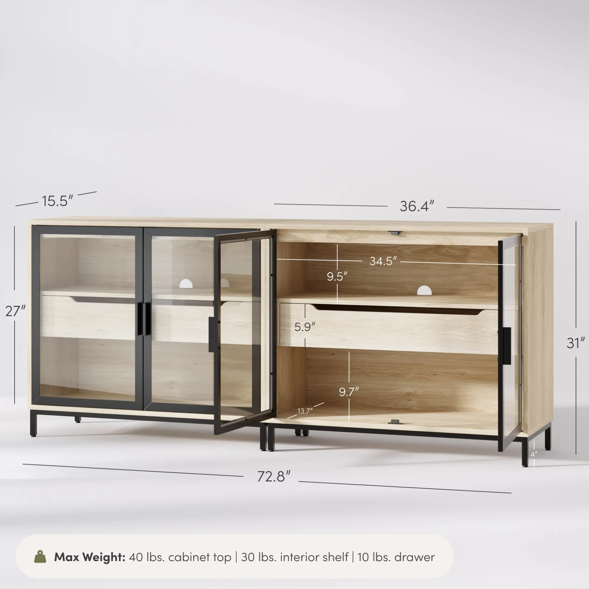 Glass TV Stand Console Cabinet with Doors for TVs up to 65"