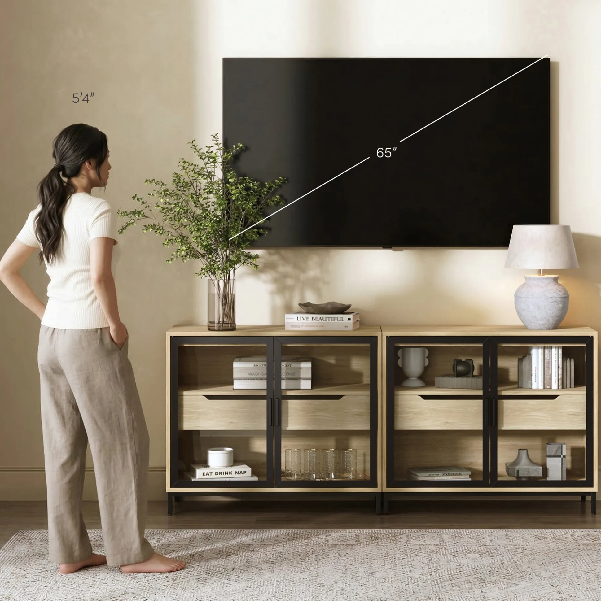 Glass TV Stand Console Cabinet with Doors for TVs up to 65"