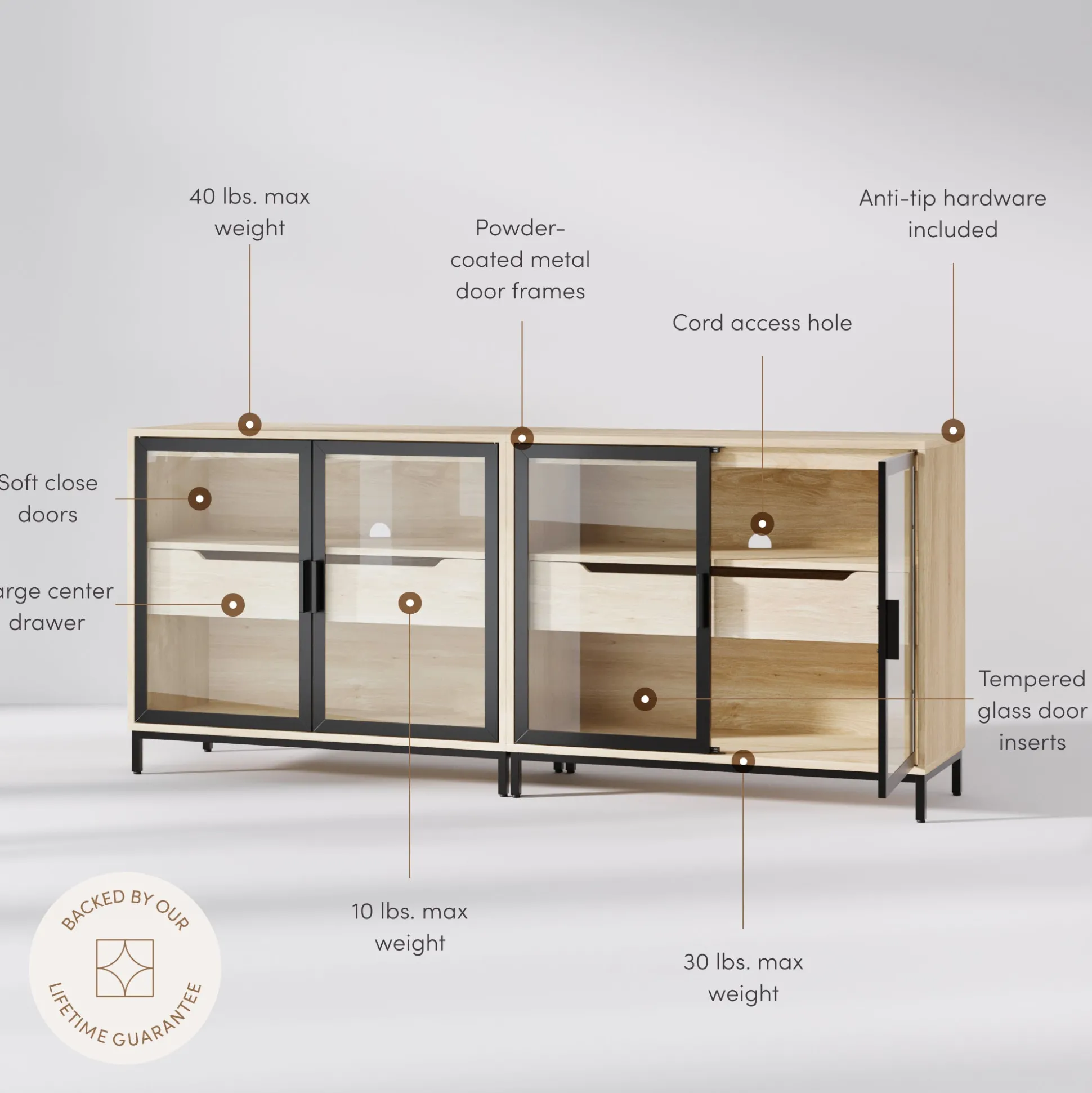Glass TV Stand Console Cabinet with Doors for TVs up to 65"