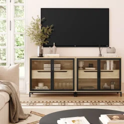 Glass TV Stand Console Cabinet with Doors for TVs up to 65