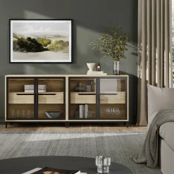 Glass TV Stand Console Cabinet with Doors for TVs up to 65