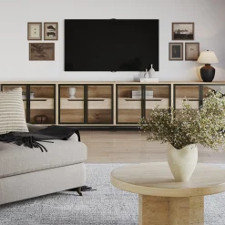 Glass TV Stand Console Cabinet with Doors for TVs up to 100