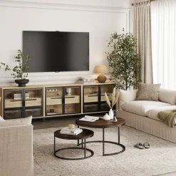 Glass TV Stand Console Cabinet with Doors for TVs up to 75