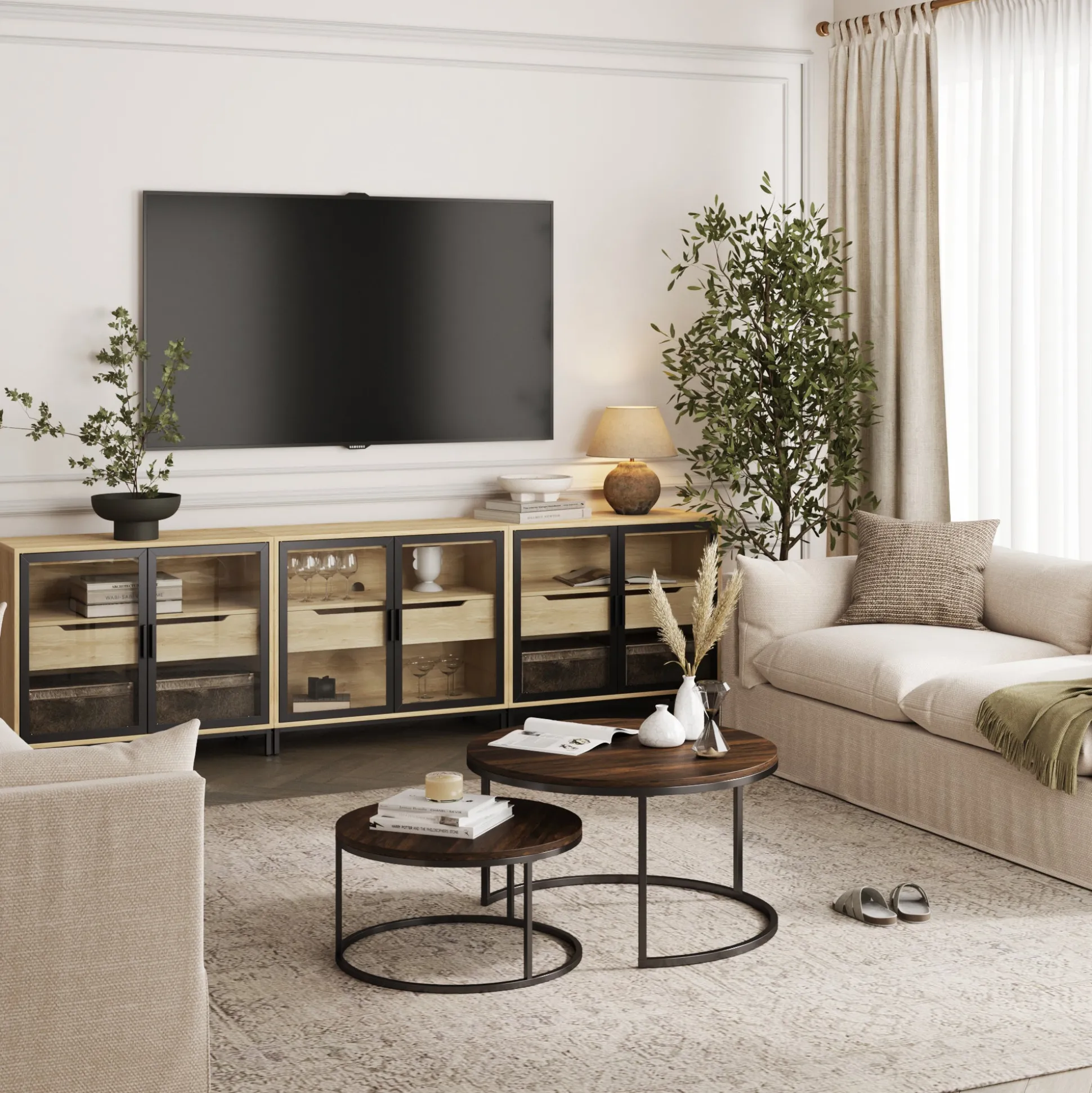 Glass TV Stand Console Cabinet with Doors for TVs up to 75"