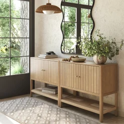 Grooved Door Storage Cabinet Credenza Light Brown (Set of 2)