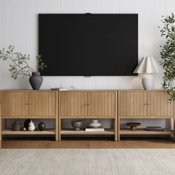 Grooved Door Storage Cabinet Credenza Light Brown (Set of 3)