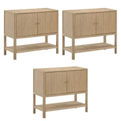 Grooved Door Storage Cabinet Credenza Light Brown (Set of 3)