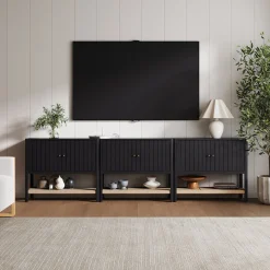 Grooved Door Storage Cabinet Credenza Black Oak (Set of 3)