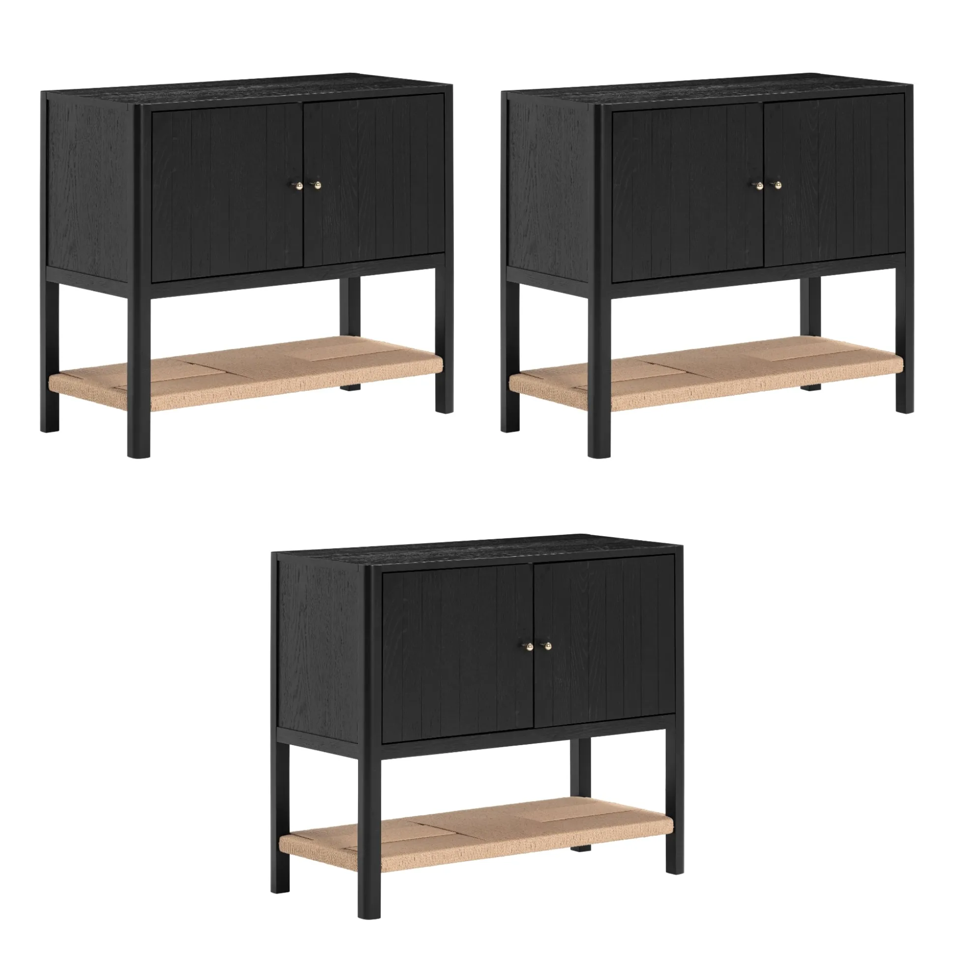Grooved Door Storage Cabinet Credenza Black Oak (Set of 3)