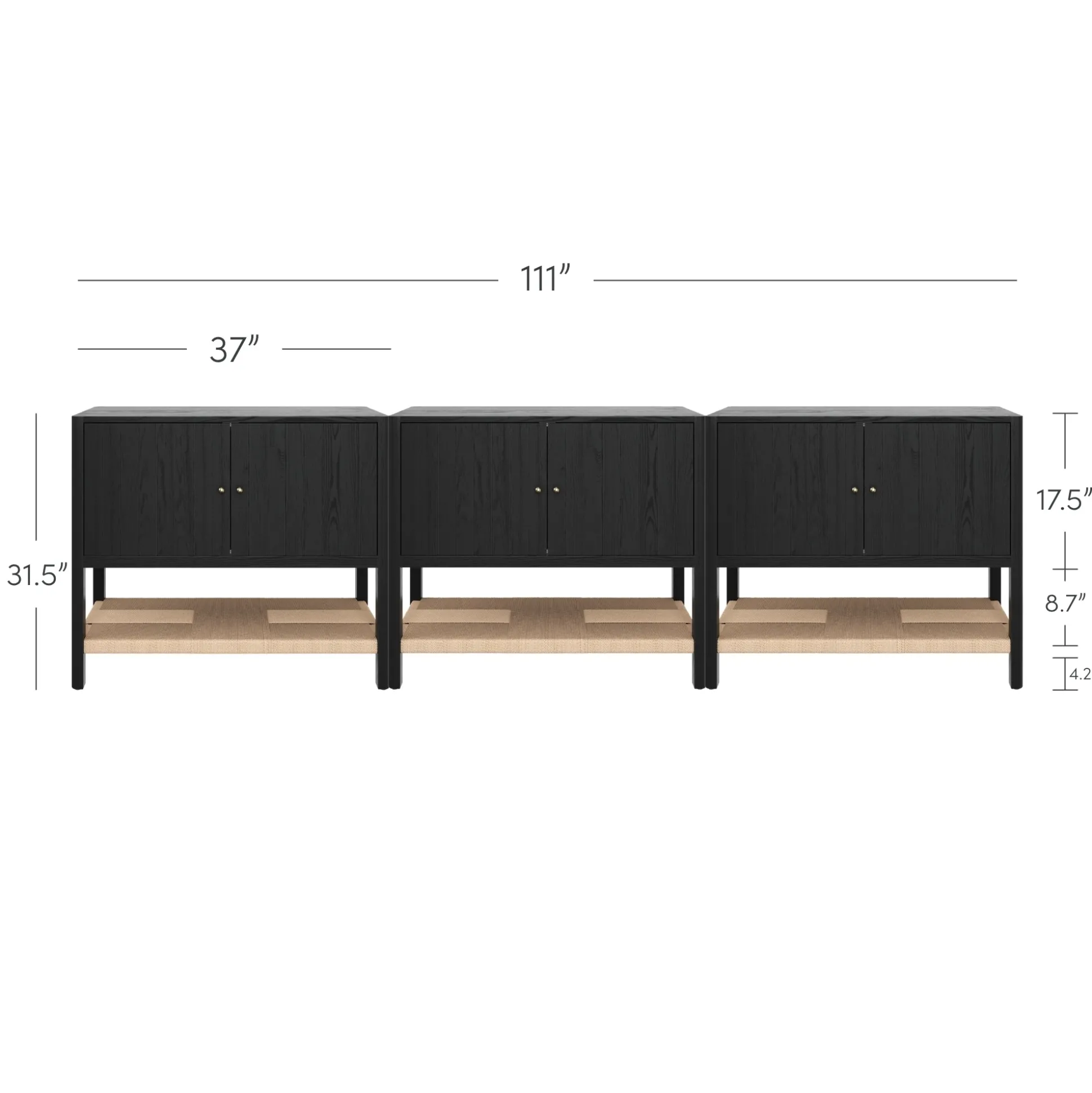 Grooved Door Storage Cabinet Credenza Black Oak (Set of 3)