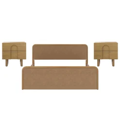 King Rounded Faux Leather Bed Frame with 2 Nightstands Light Brown