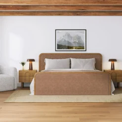 King Rounded Faux Leather Bed Frame with 2 Nightstands Light Brown