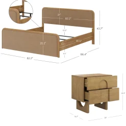King Rounded Faux Leather Bed Frame with 2 Nightstands Light Brown